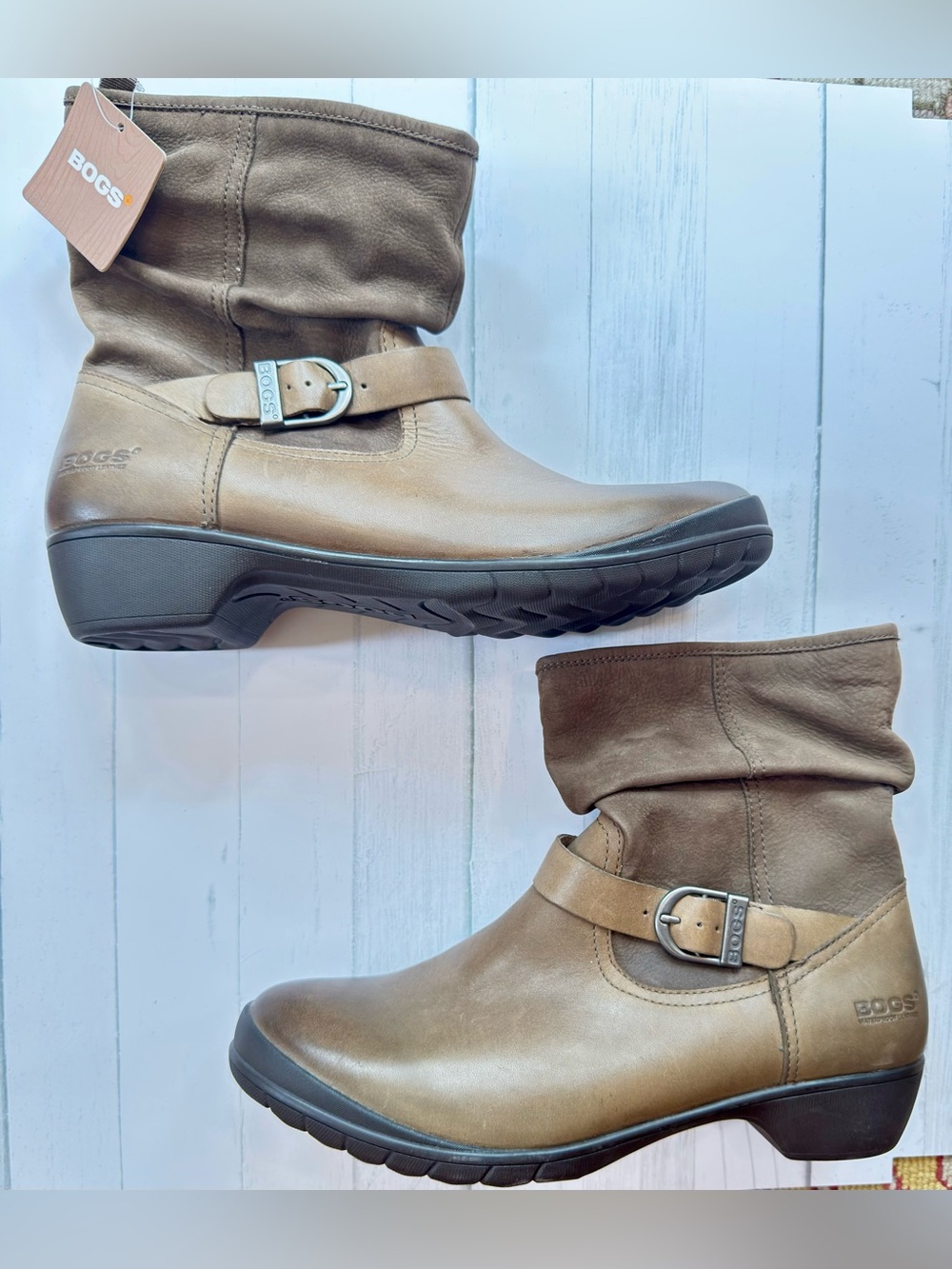 BOGS Women's olive Leather Ankle Boots with Buckle. Waterproof leather.